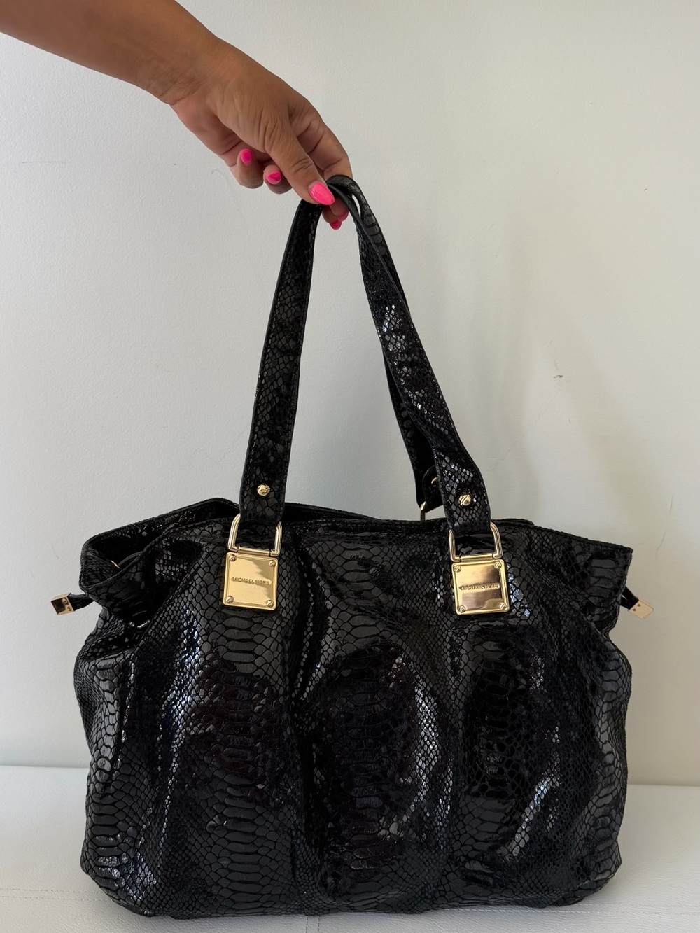 Michael Kors Black Python Snake-Embossed Tote with Gold Hardware large